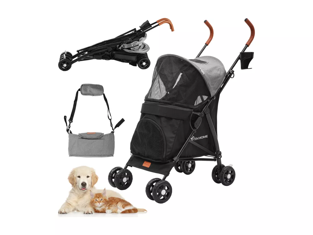 YITAHOME Poussette pour Chien Chat - Caisse de Transport Pliable avec 4 Roues - 11.3 kg Poussette avec fenêtres - Gris Noir