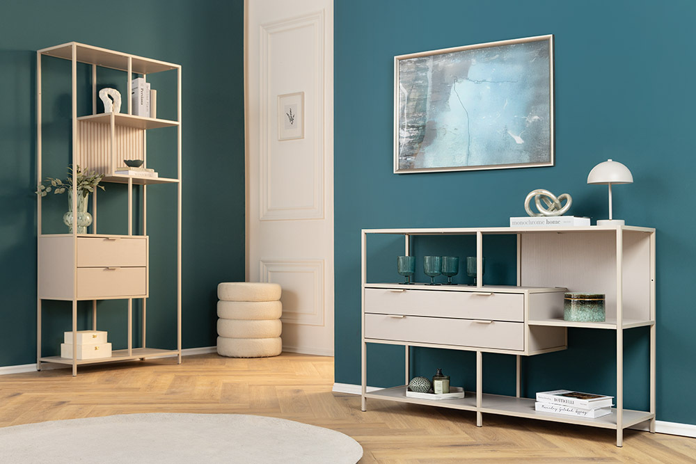 Modernes Bücherregal SLIM LINE 115cm champagner beige Metall mit Schubladen