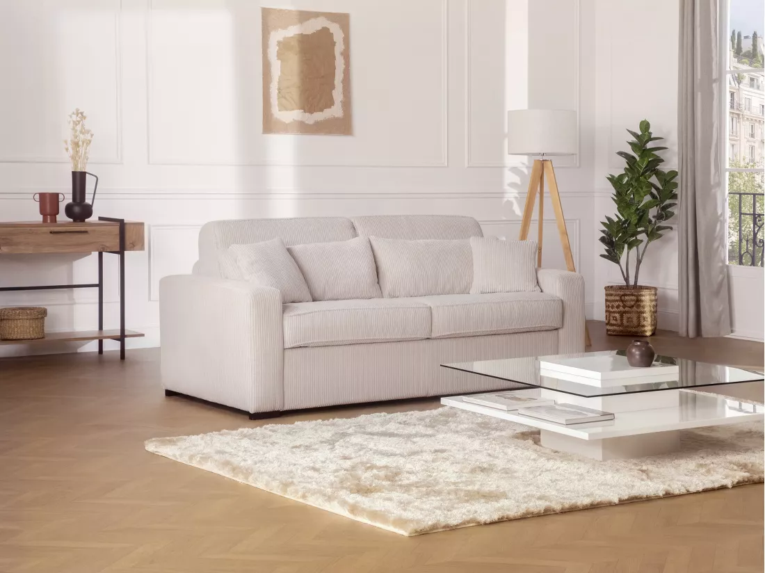 Canapé 4 places convertible express en velours côtelé beige - Couchage 160 cm - Matelas 16 cm - MONDOVI