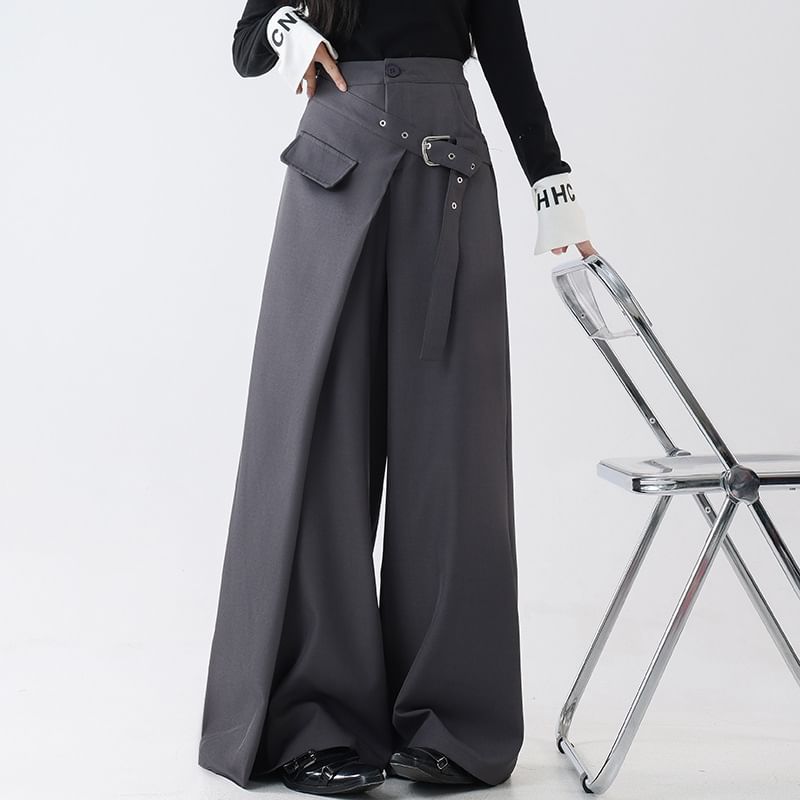 Rosesand - Effen hoge taille asymmetrische wikkelbroek met wijde pijpen