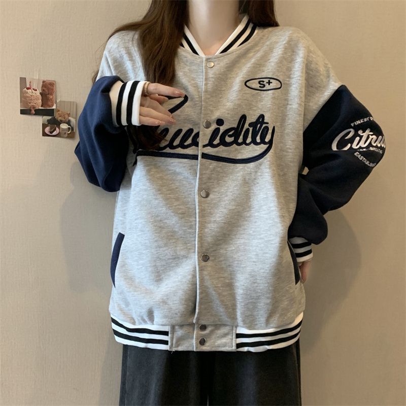 Racoon - Oversized enkelrijs baseballjack met geborduurde letters