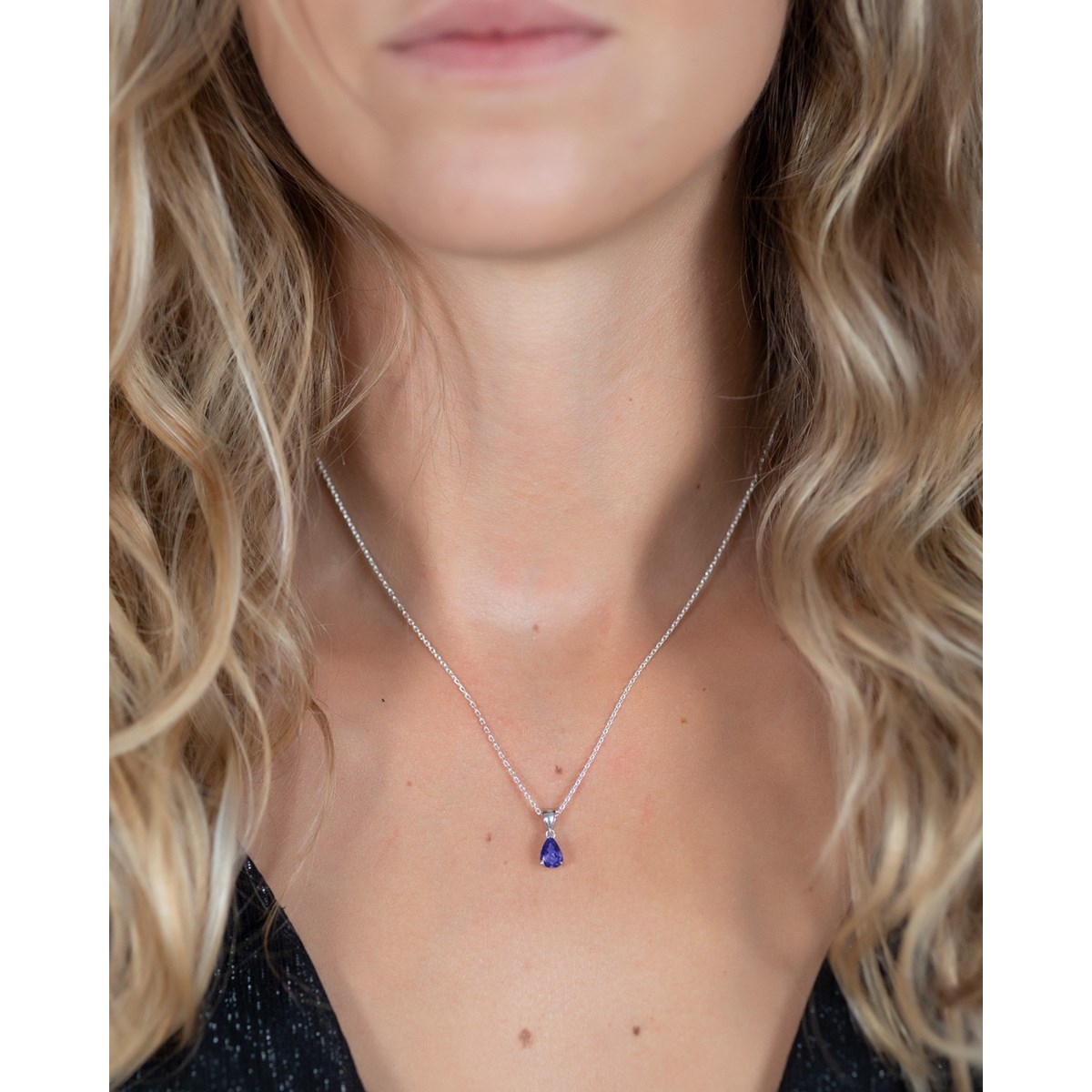 Collier Pendentif ADEN Or 585 Blanc Tanzanite Chaine Or 585 incluse 0.49grs
