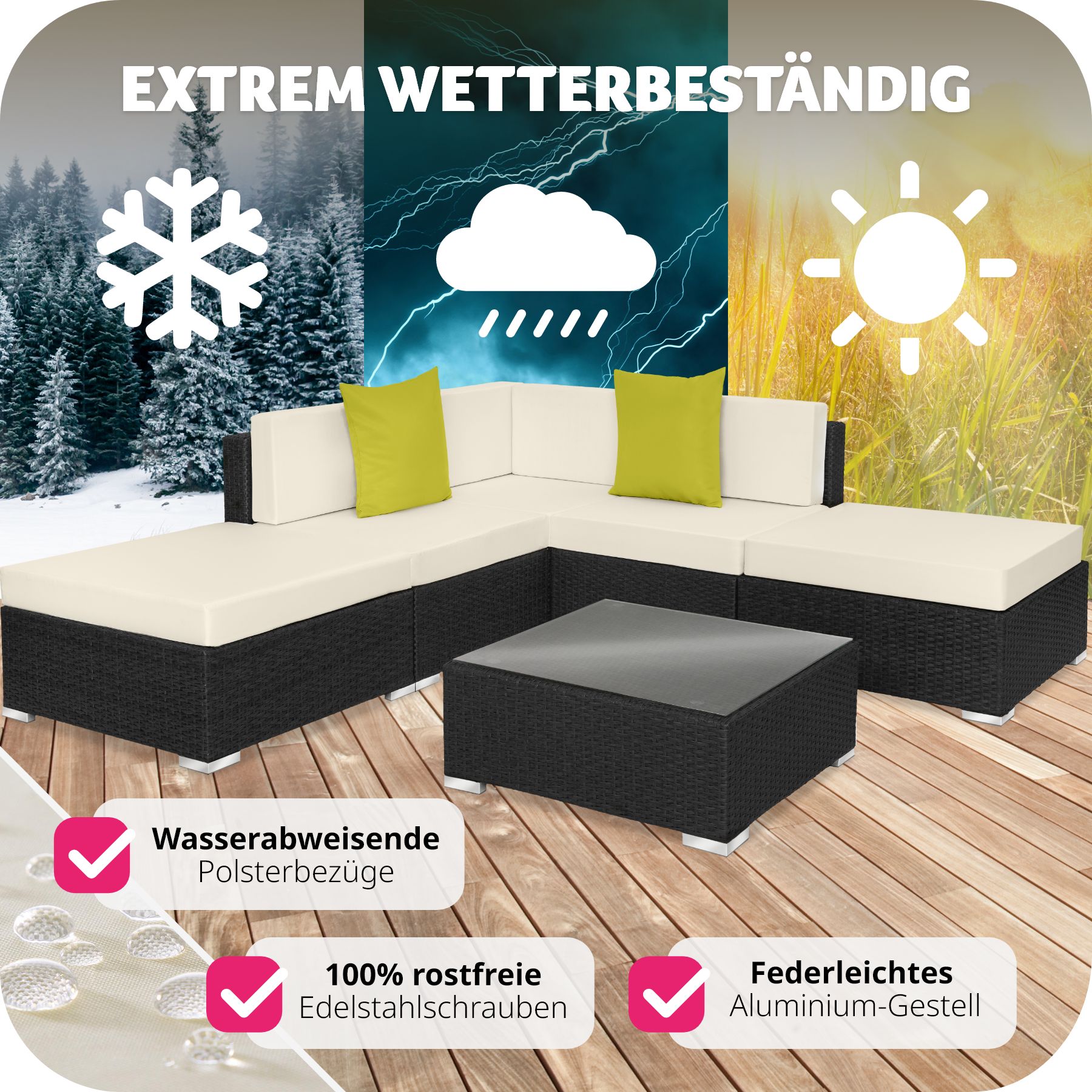 tectake® Rattan Lounge, mit Aluminiumgestell, UV-beständig, mit Sicherheitsglasplatte
