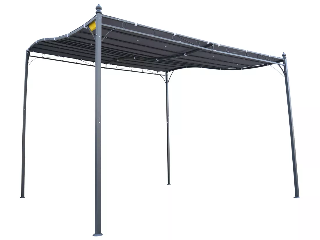 Pergola tonnelle de jardin auvent 2,97 x 2,97 m adossable métal noir polyester anti-UV gris