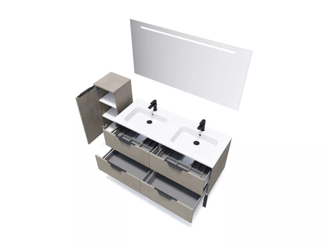 Meuble de salle de bain suspendu double vasque intégrée 140cm 4 tiroirs façon Béton - Soho