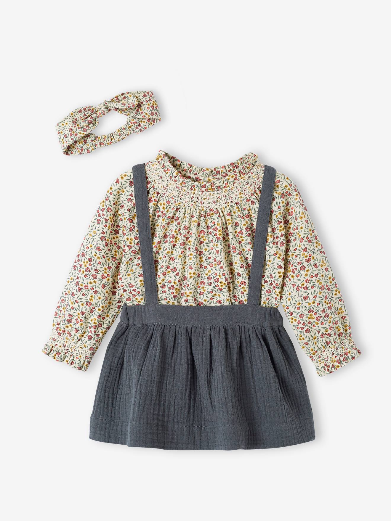 Conjunto de 3 peças: camiseta + faixa de cabelo + saia com suspensórios para recém-nascido (verde)