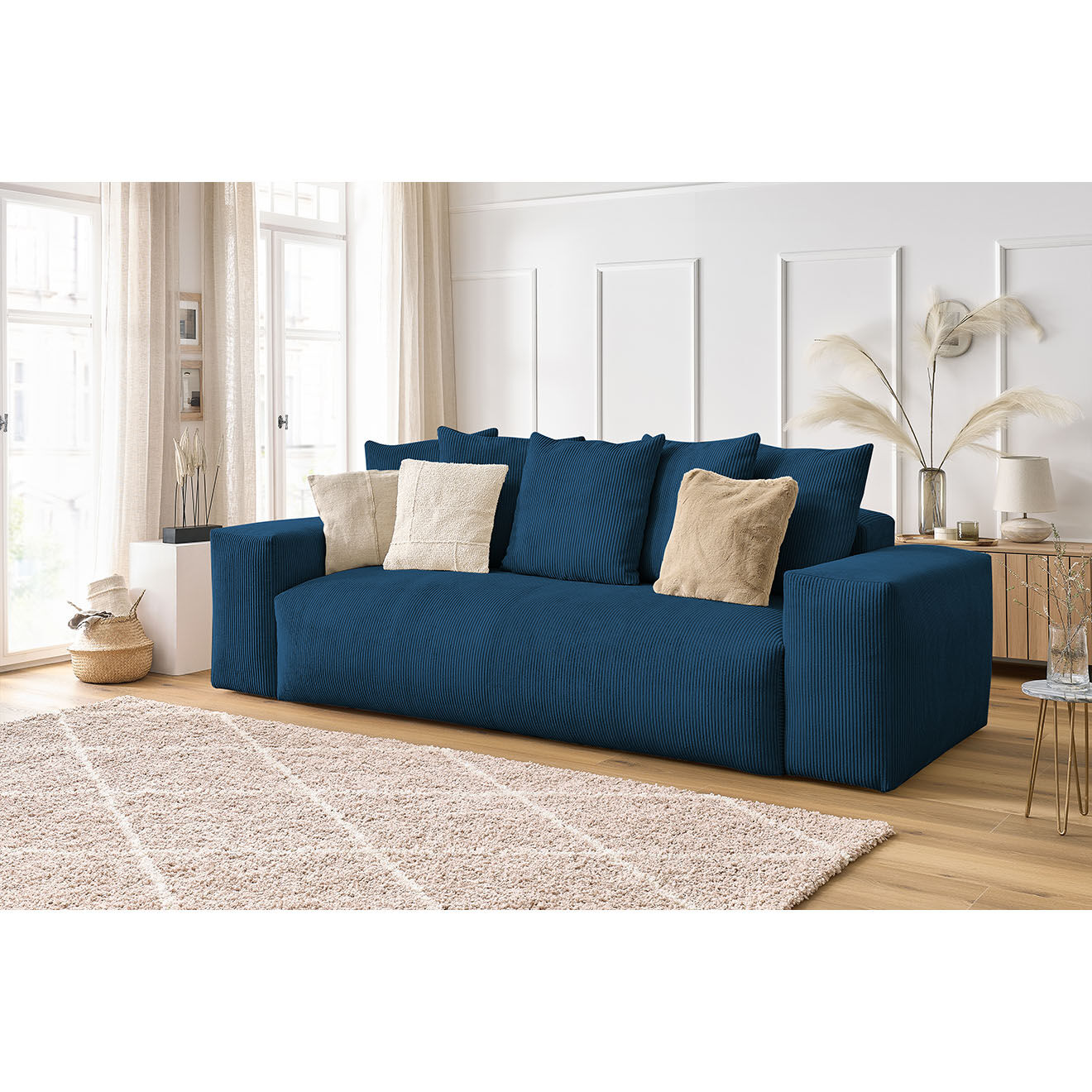 Bobochic Canapé droit fixe 3 places ultra moelleux voltaire velours côtelé bleu foncé - 280x124x75 cm