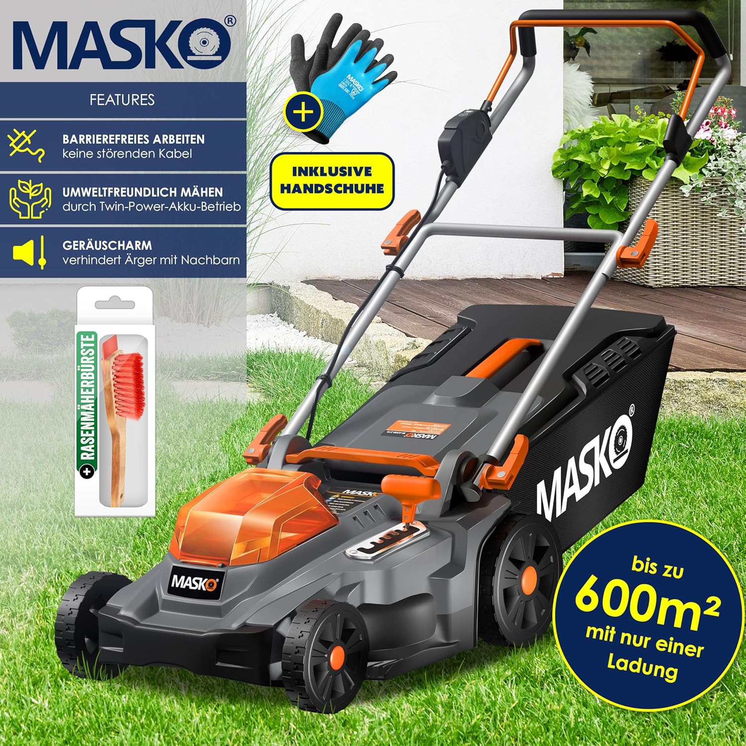MASKO® Akku Rasenmäher mit Mulchfunktion, 2X Akkus Li-Ion Batterie 4Ah & Doppel-Ladegerät Rasentrimmer 43cm Schnitt-Breite 6X Höhenverstellbar 55L Fangkorb Flächen bis 650m² inkl. Handschuhe & Bürste