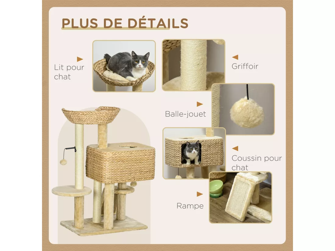 Arbre à chat style cosy chic griffoirs sisal naturel équipement multiple peluche jacinthe d'eau beige