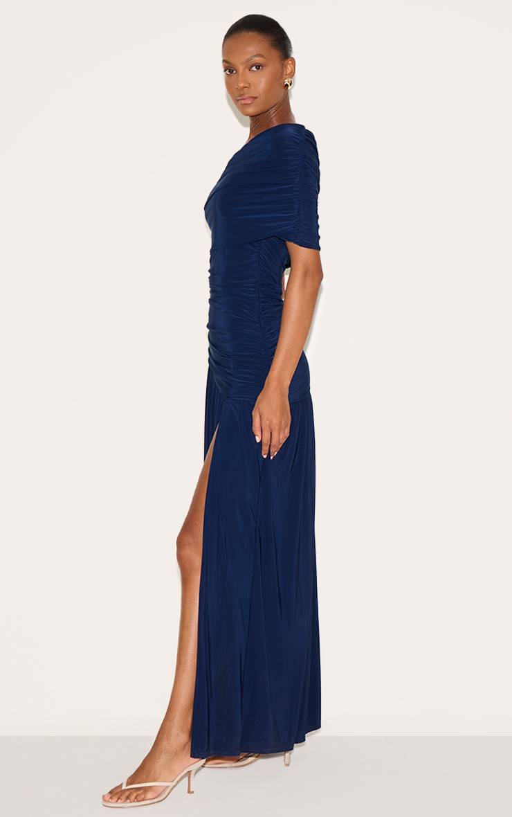 Bleu Marine Robe Longue Froncée À Double Couche Slinky Bardot Asymétrique