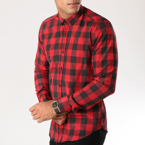 Chemise Manches Longues Slim Fit 159 Carreaux Noir Rouge
