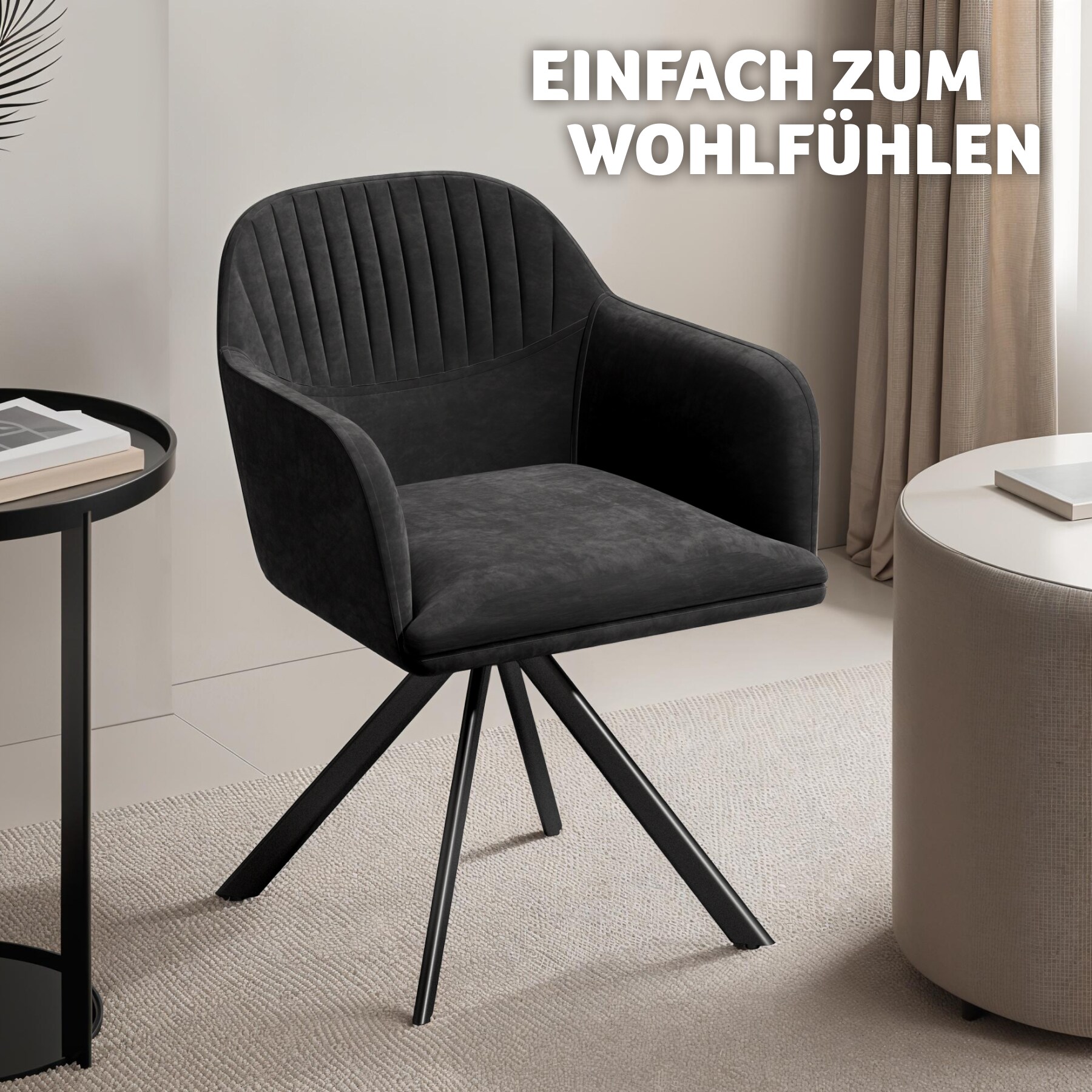 tectake® Samt-Drehstuhl, gepolstert, 360° drehbar, schlanke Stahlbeine, 56 x 59 x 81 cm