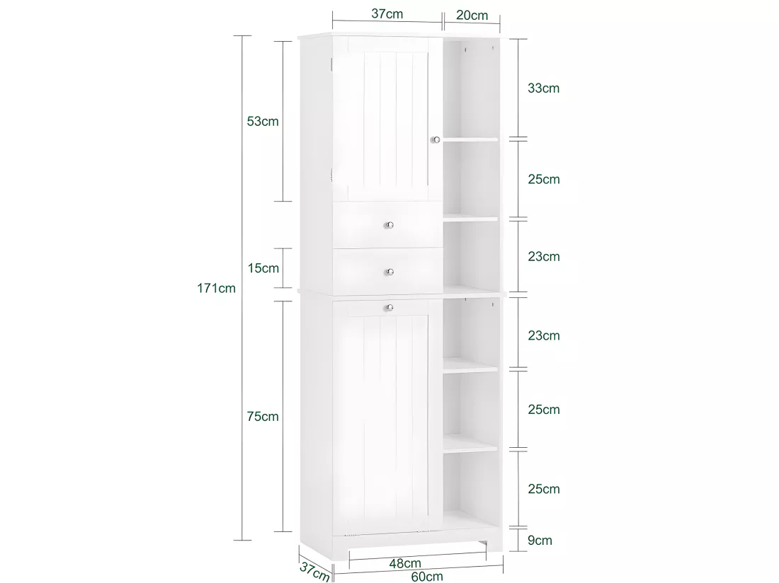 SoBuy BZR104-W Meuble Colonne de Salle de Bain Placard avec 2 Portes et 2 Tiroirs, 6 Étagères et 1 Panier à Linge