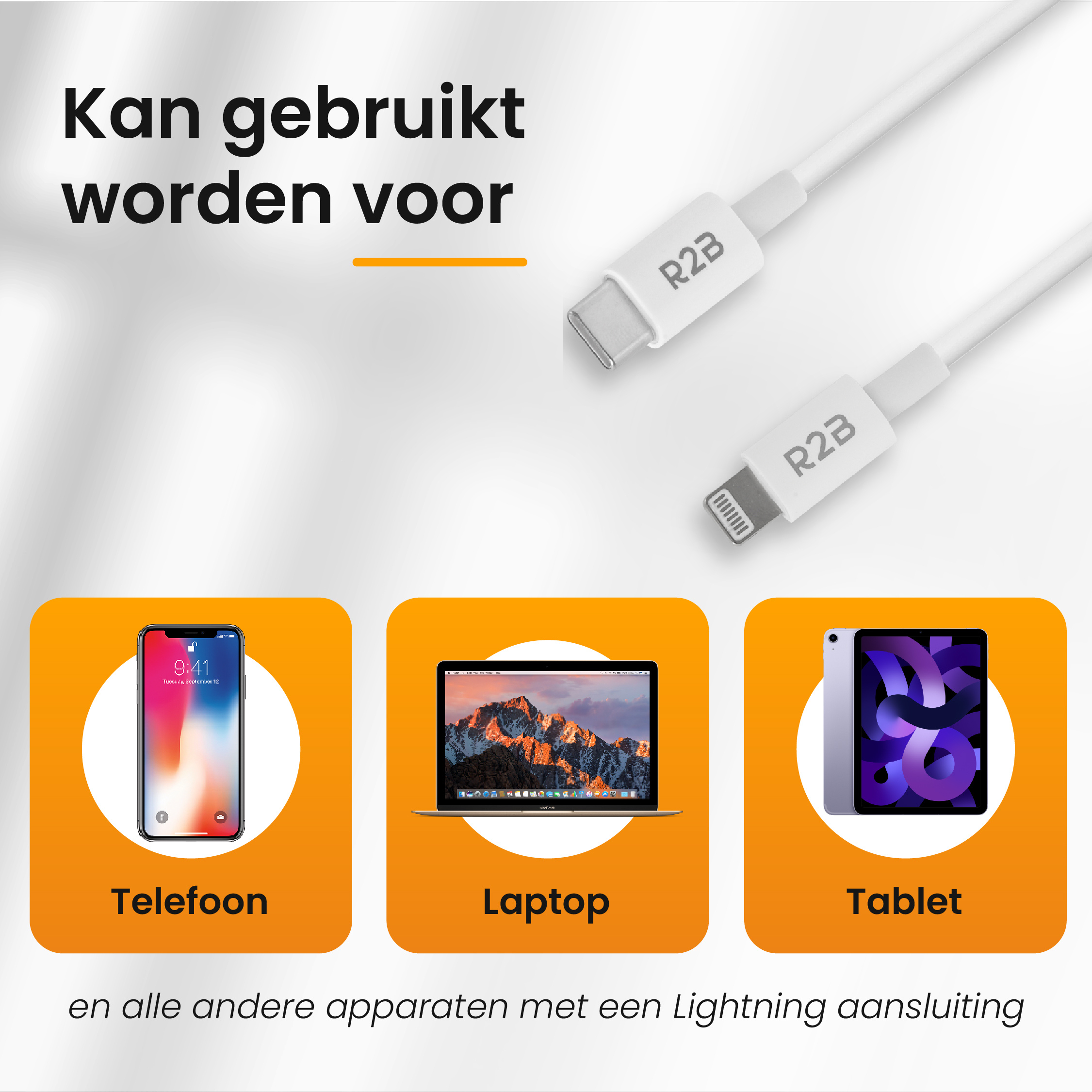R2B 2 Meter Witte USB-C naar Lightning Kabel