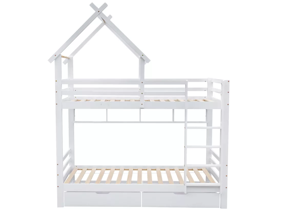 Lit superposé 2x90x200 cm avec tiroirs et étagères, cadre en pin, sommier inclus, blanc