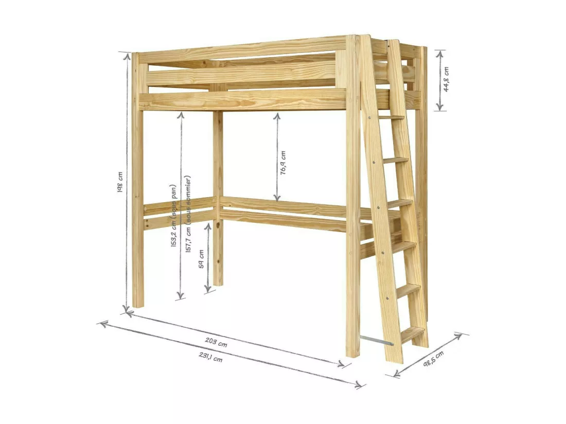 Pack lit mezzanine 1 place avec matelas 90x190 cm bois massif blanc ORSAI