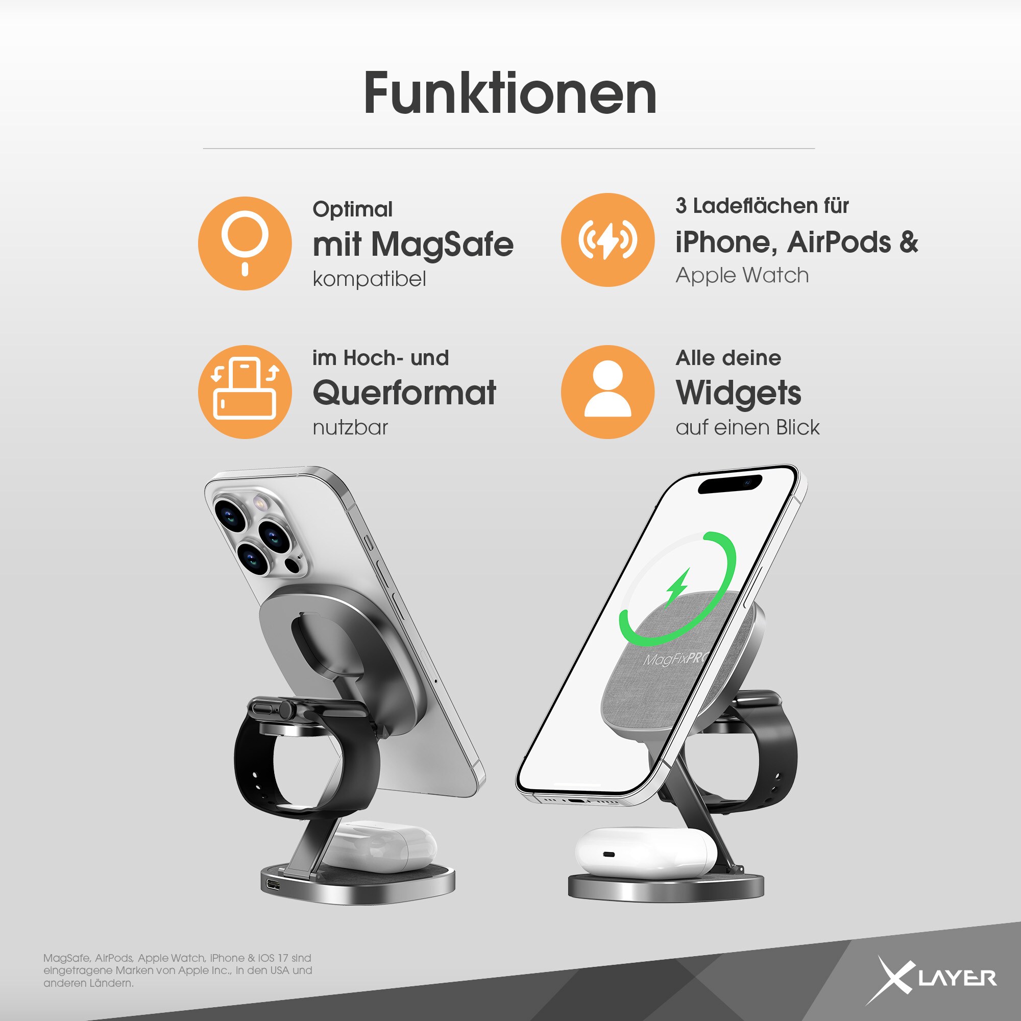 Xlayer MagFix Pro 3 in 1 Ladestation Apple Wireless Charger | Klappbar I Magsafe I 15W