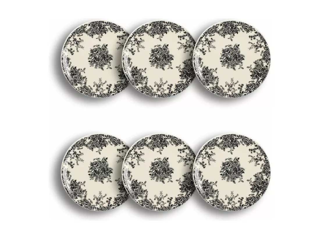 Novastyl - Lot6 Assiettes A Dessert Florali 19.5cm En Gres Decor Noir