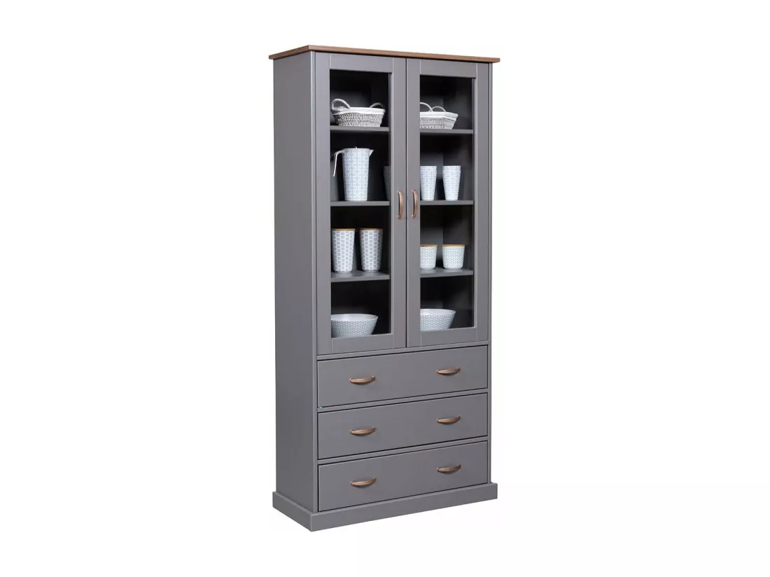 MELINA - Vitrine 2 Portes 3 Tiroirs en MDF Laqué Gris Foncé