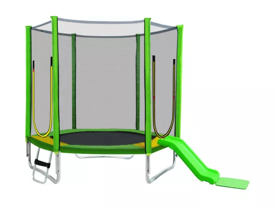 Trampoline Ø213 cm - avec toboggan, escalier, 2 porte et filet de sécurité - charge max 100kg - Certification GS
