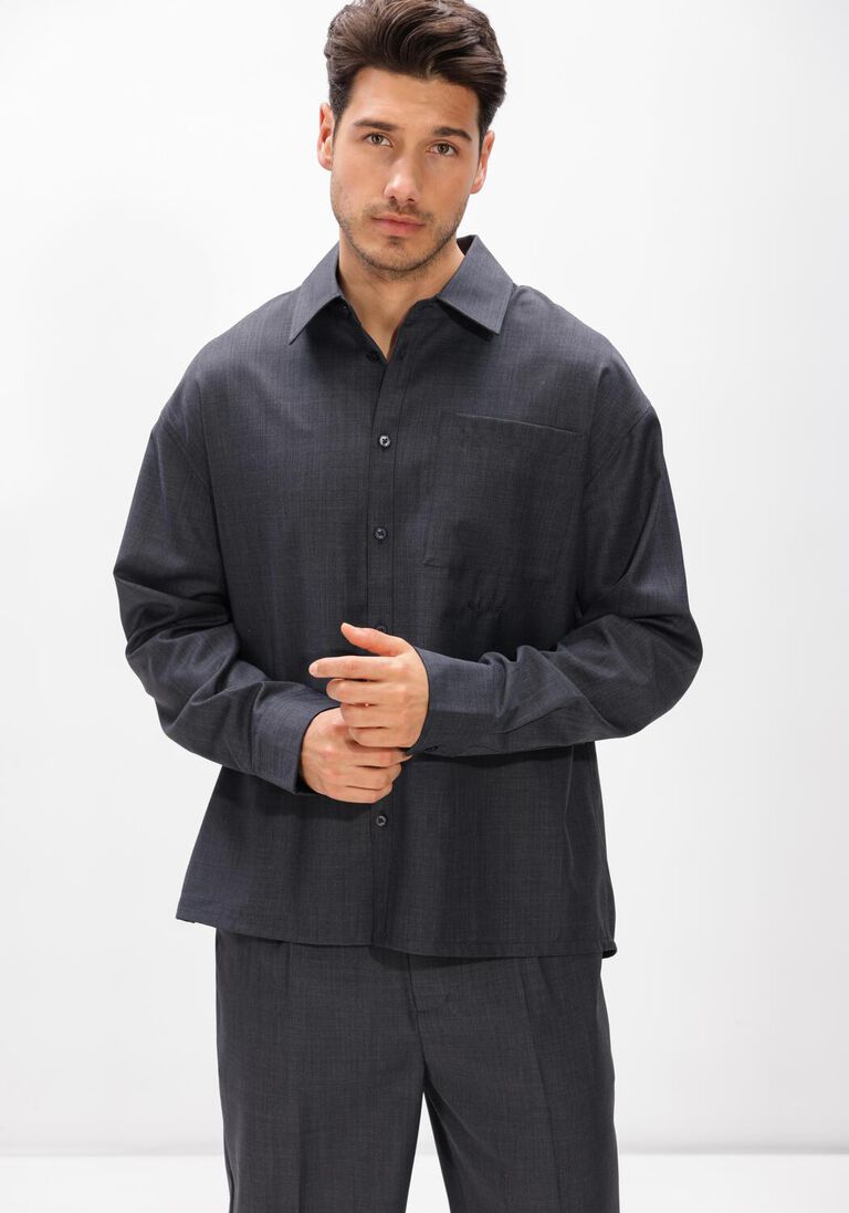 donkergrijze olaf hussein casual overhemd wool blend boxy ls shirt