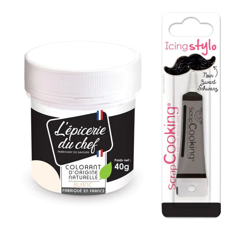 Colorant alimentaire naturel Blanc 40 g + Stylo glaçage noir Scrapcook