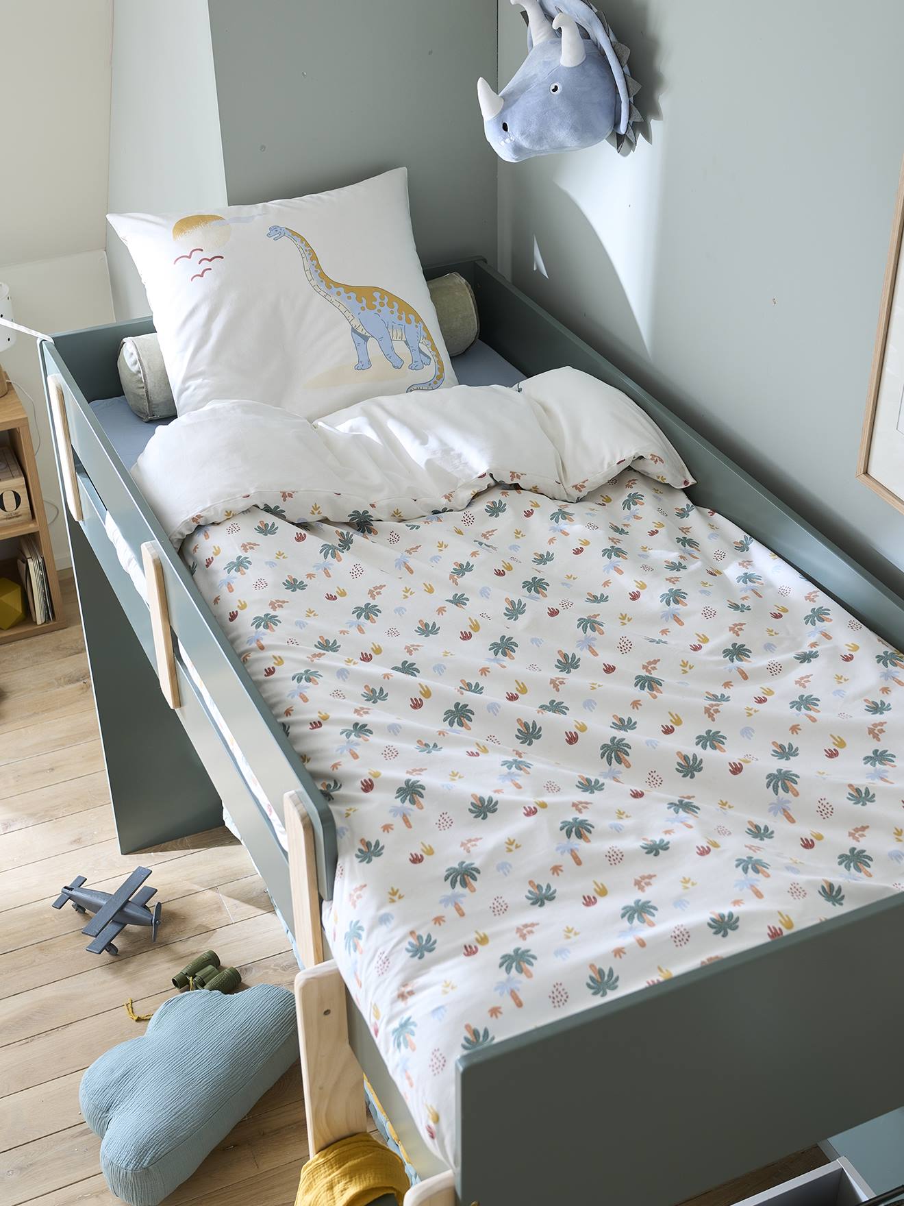 Conjunto de cama infantil JURASSIC CAMP, branco com estampa.