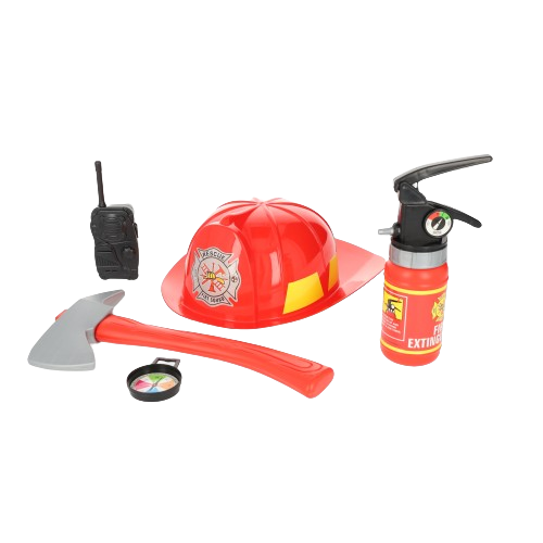 (5-tlg. Set) Feuerwehr Kostüm Zubehör Spielset für Kinder inkl. Helm / Feuerlöscher / Kompass / Walkie Talkie / Axt