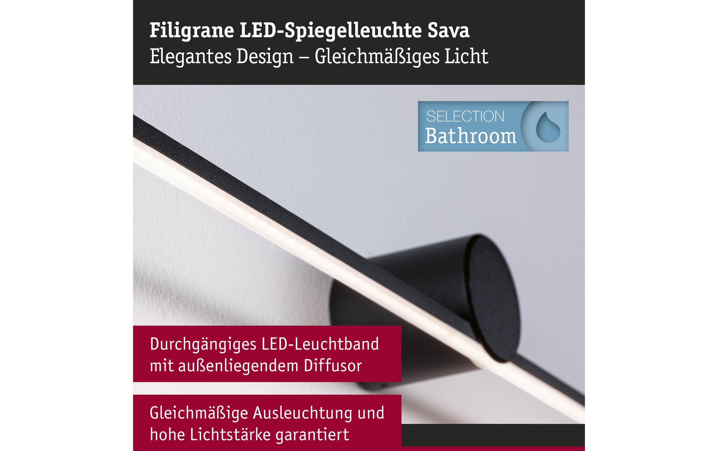 Spiegelleuchte LED Sava 7.5W SchwarzSpiegelrohrleuchte mit Schutzart IP44