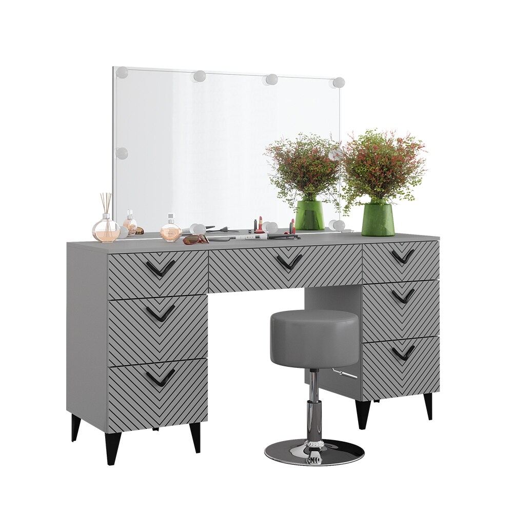 Vicco Schminktisch Anett Grau mit Spiegel, Hocker und LED-Lampen, 150 x 78 cm