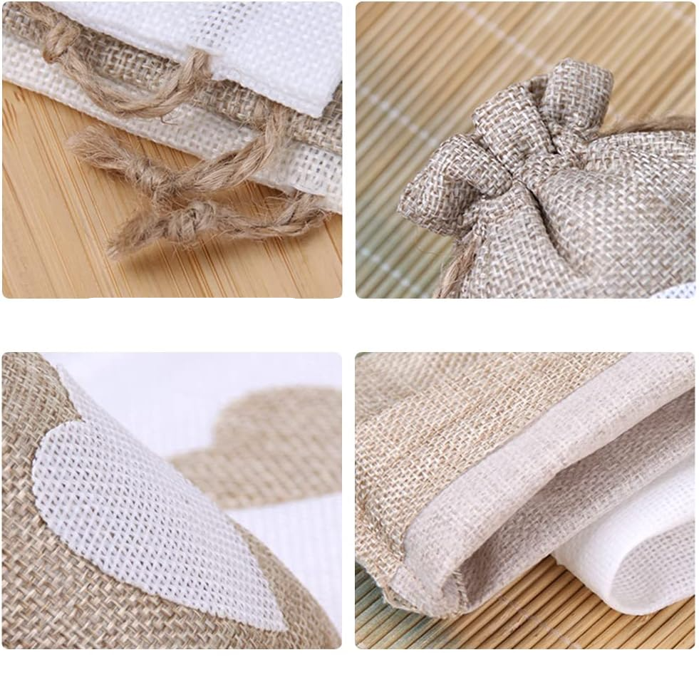(5er Set) 10x8cm Jute Geschenk Beutel Herz Gift Bag mit Kordelzug - Braun / Weiss