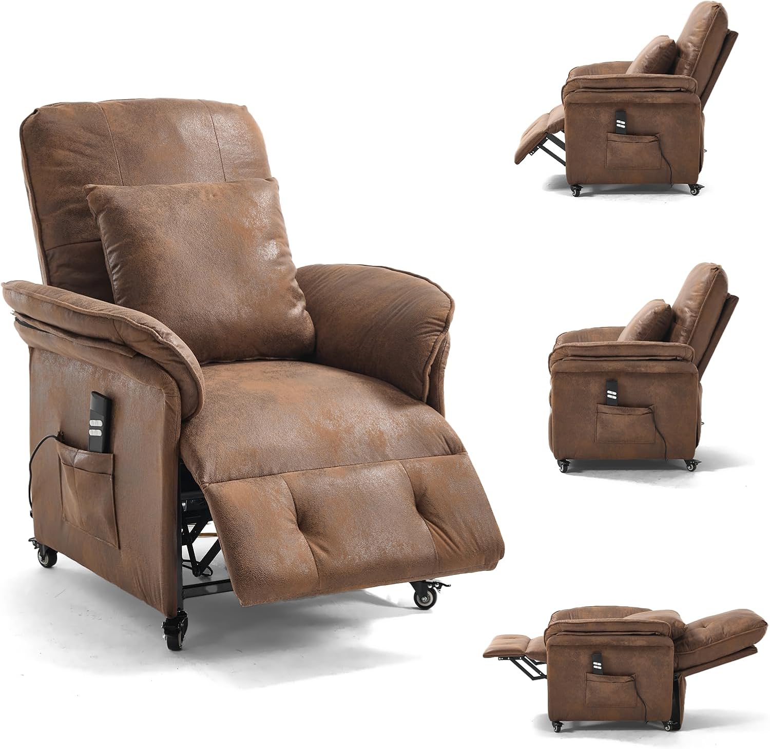 2 Motoren Elektrischer Relaxsessel, Fernsehsessel mit Liegefunktion, TV Sessel Wohnzimmer mit Rollen, Verstellbarer Rückenlehne & Fußstütze, 2 Seitentaschen, Recliner Chair, Braun Flockleder