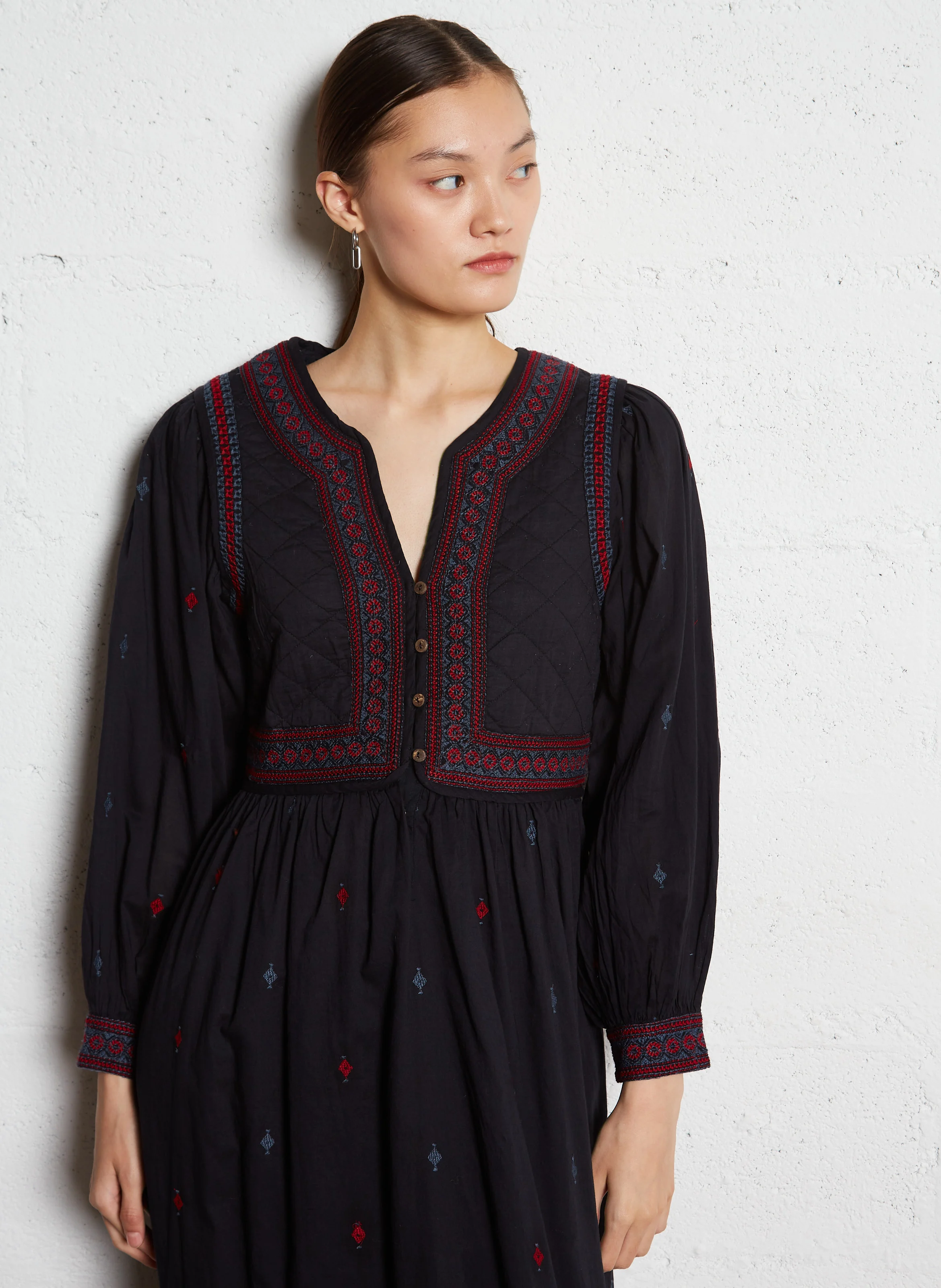 LA BOHÈME DALIDA - Robe longue droite brodée en coton | Bleu