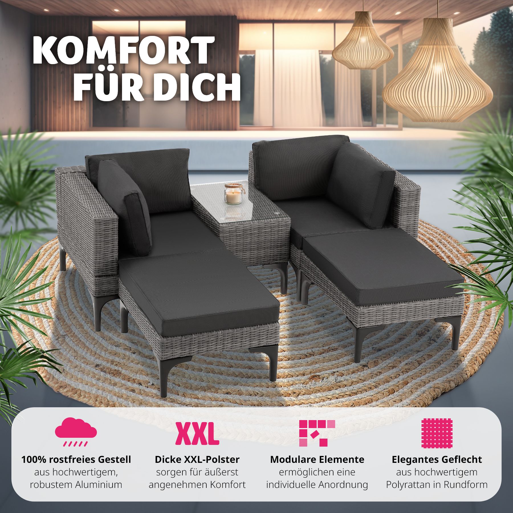 tectake® Rattan Lounge, mit Aluminiumgestell, wetterfest und UV-beständig, mit Sicherheitsglasplatte