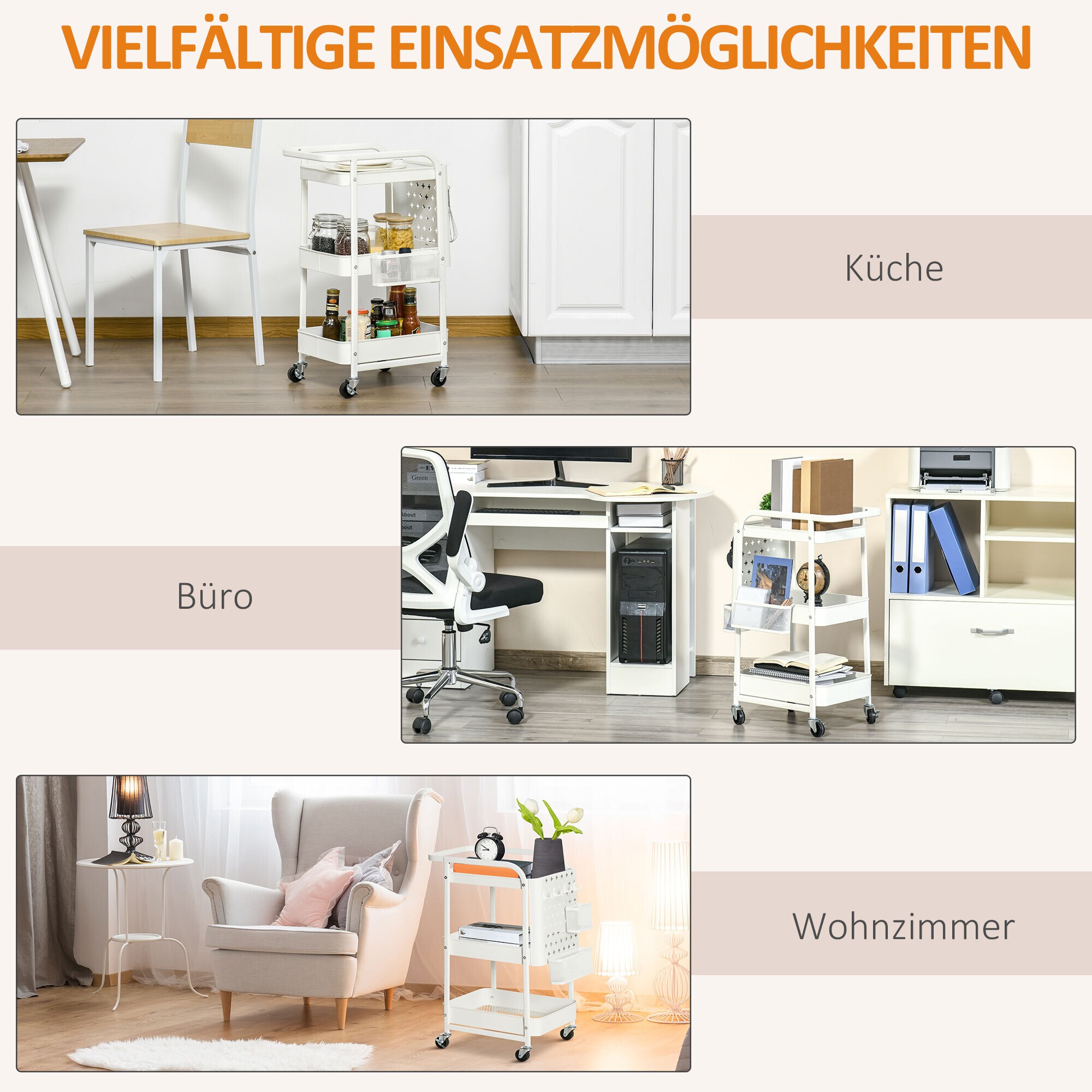 HOMCOM Küchenwagen mit 4 Universalräder weiß 51,5L x 32B x 75,6H cm