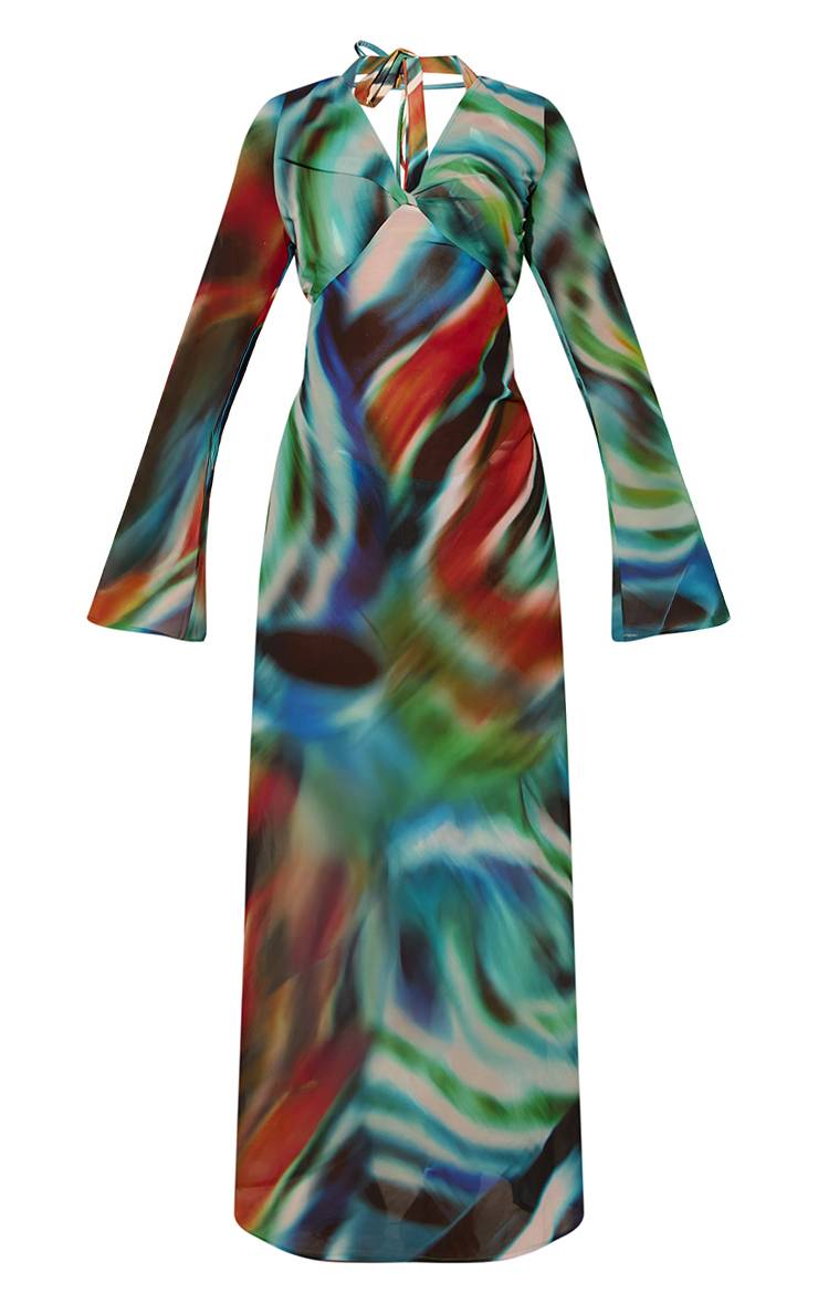 Bleu Turquoise Robe De Plage À Manches Longues Dos Drapé Imprimé Flou Multicolore