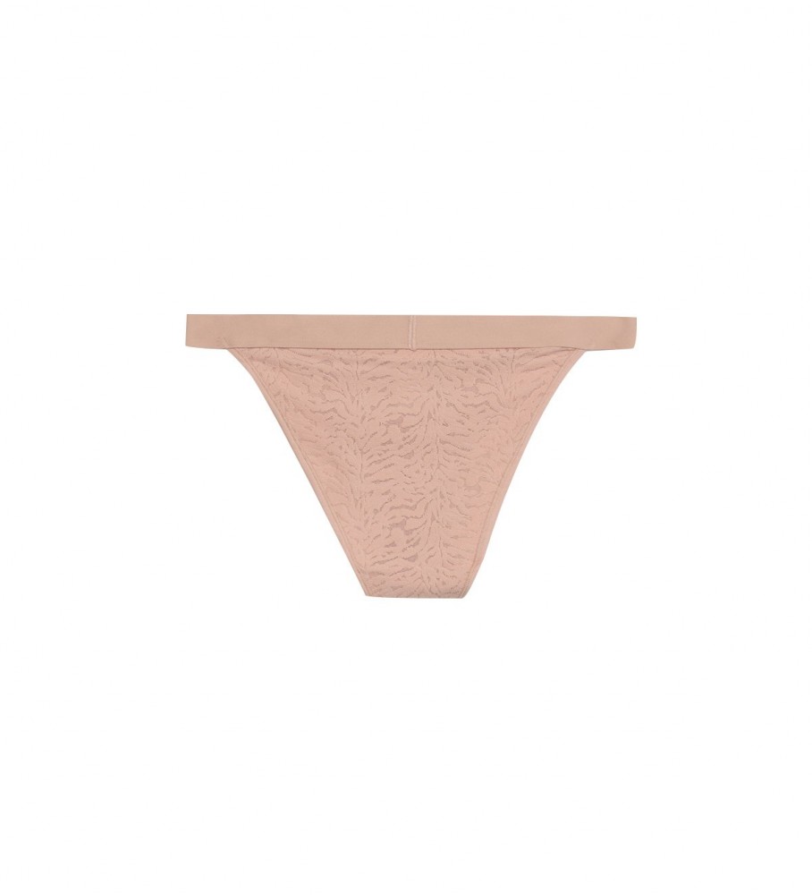 Calcinha fio dental rosa de renda alta Calvin Klein
