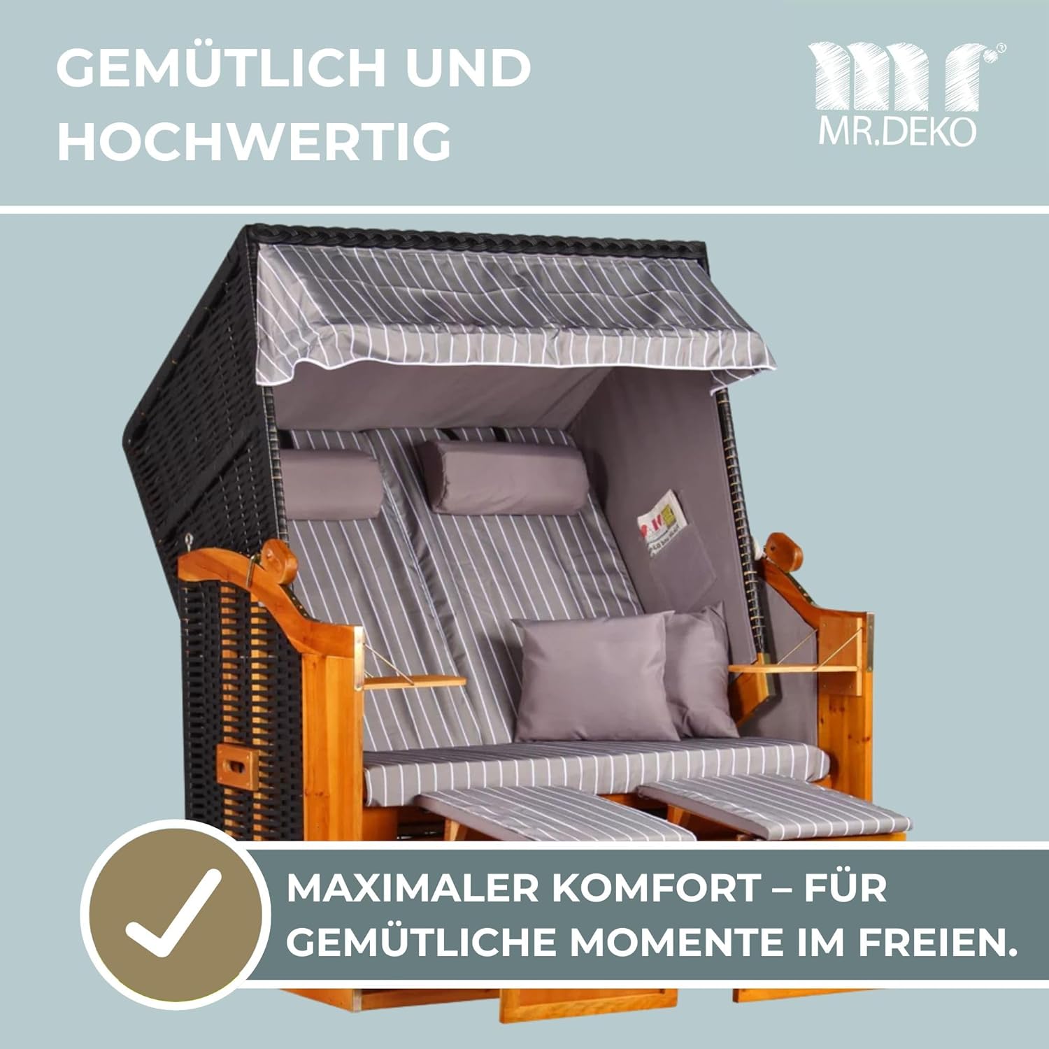 Strandkorb Ostsee Wacholder PE Schwarz (Dessin Royal Grau) | 2 Sitzer-Strandkorb wetterfest | Volllieger Hartholz Zweisitzer | Strandkörbe Balkon | Beach Chair Garten