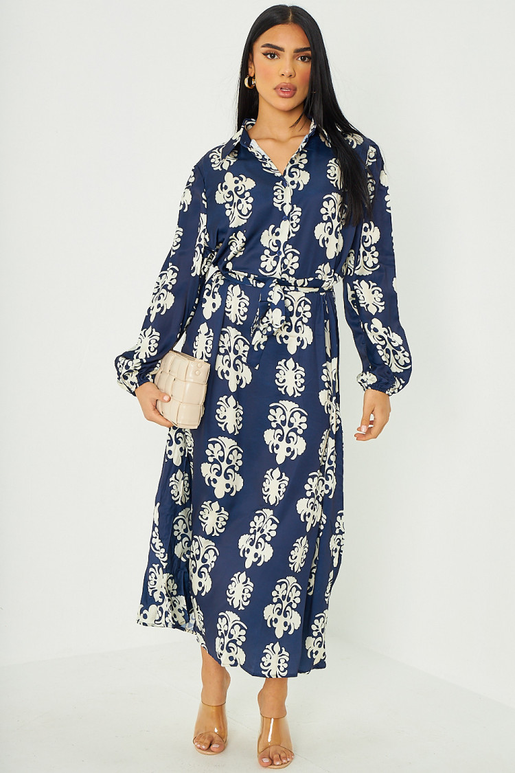 Robe chemise longue à motifs bleu foncé