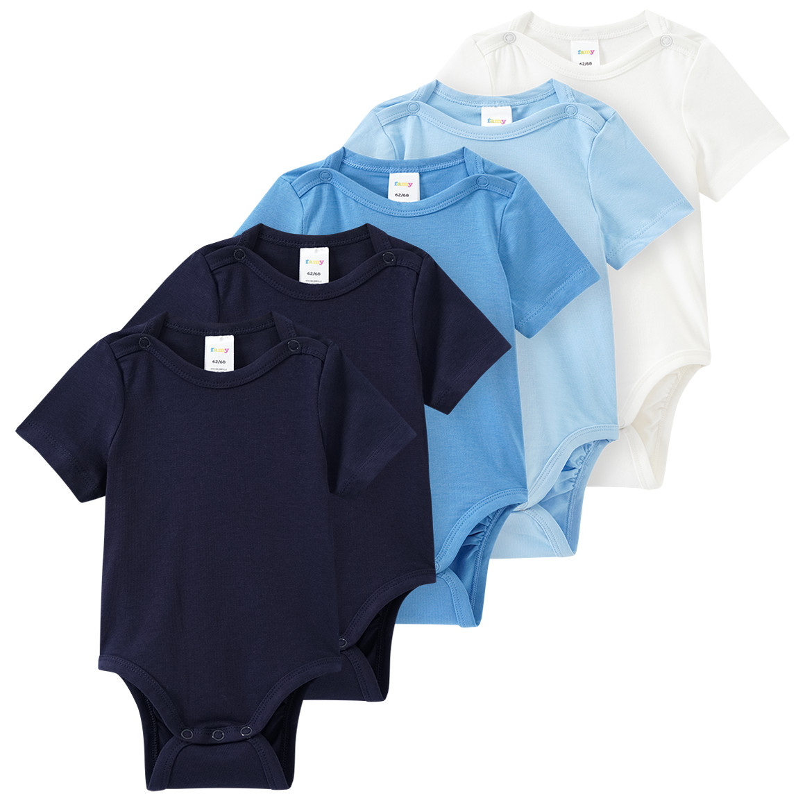 Famy 5 Baby Bodys in verschiedenen Farben dunkelblau / hellblau