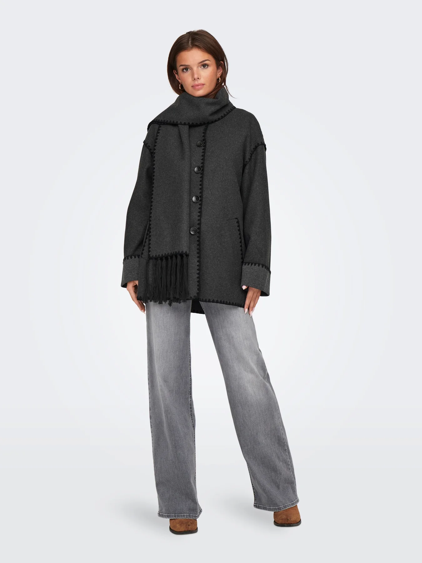 Only Onlelba Life Scallop Edge Scarf Coat 4608949 dark grey melange black