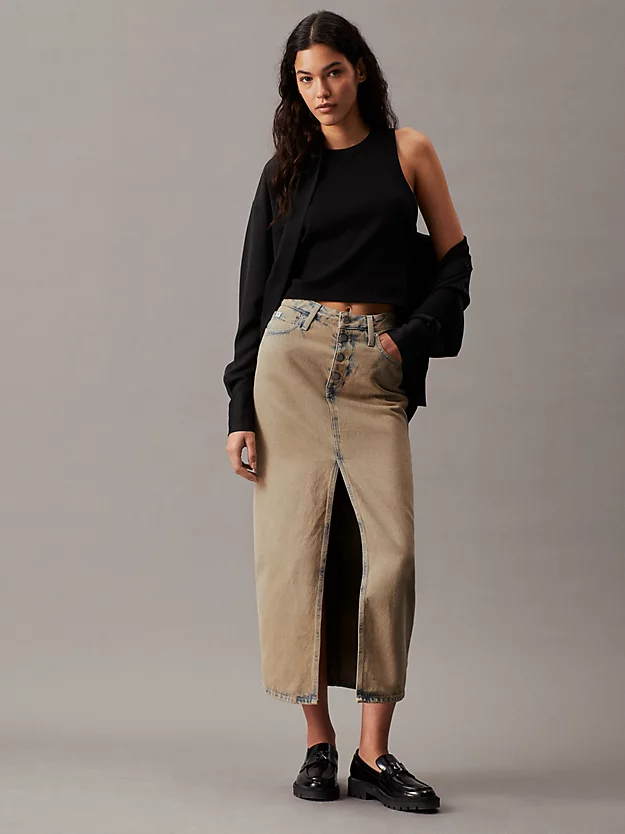 Saia jeans longa de cintura alta