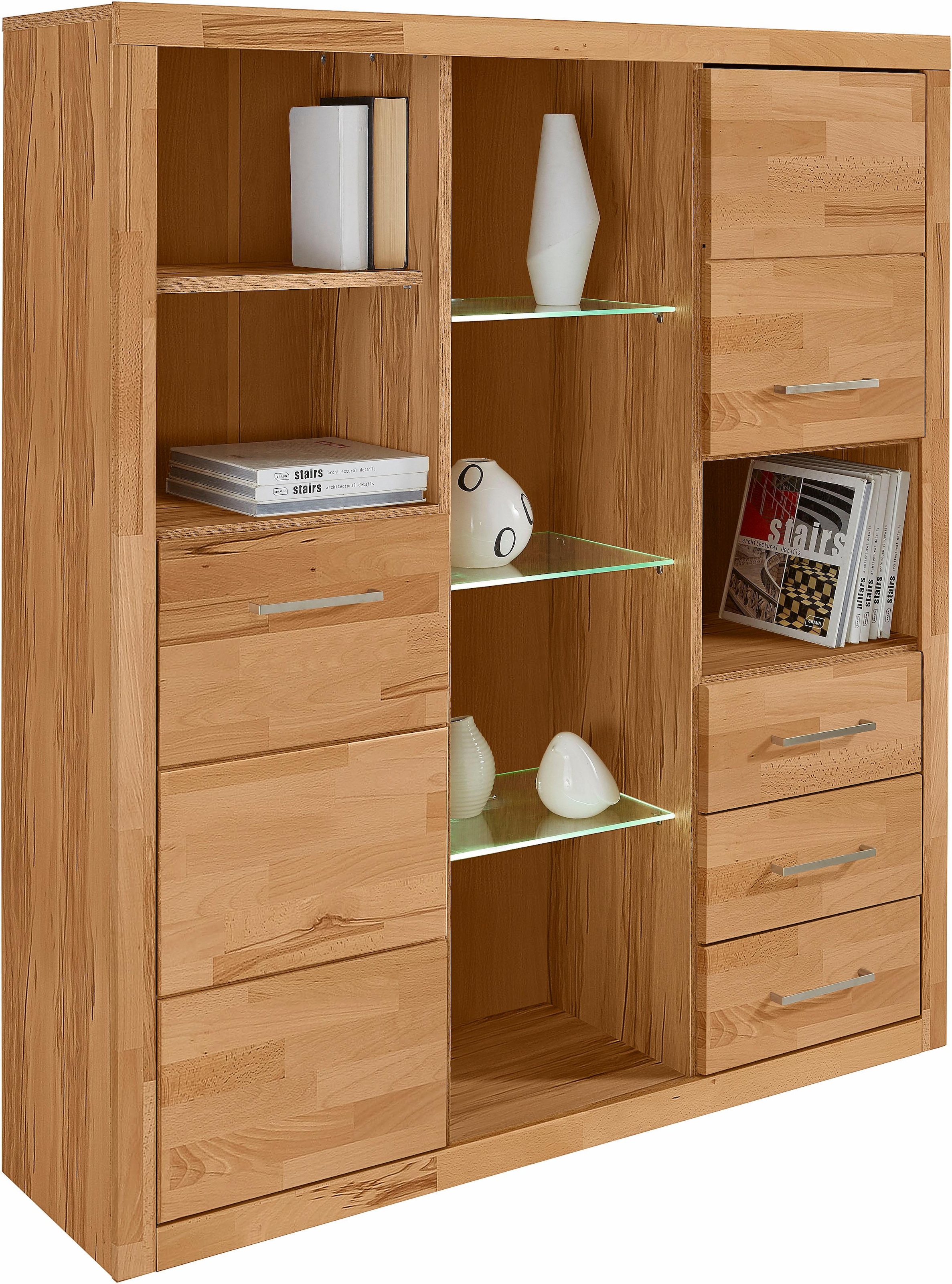 Home affaire Highboard »Ribe,130cm breit145cm hoch,Fronten Massivholz,12 Fächer« Korpus  aus Holzwerkstoff, Metall Griffe,Böden versetzbar