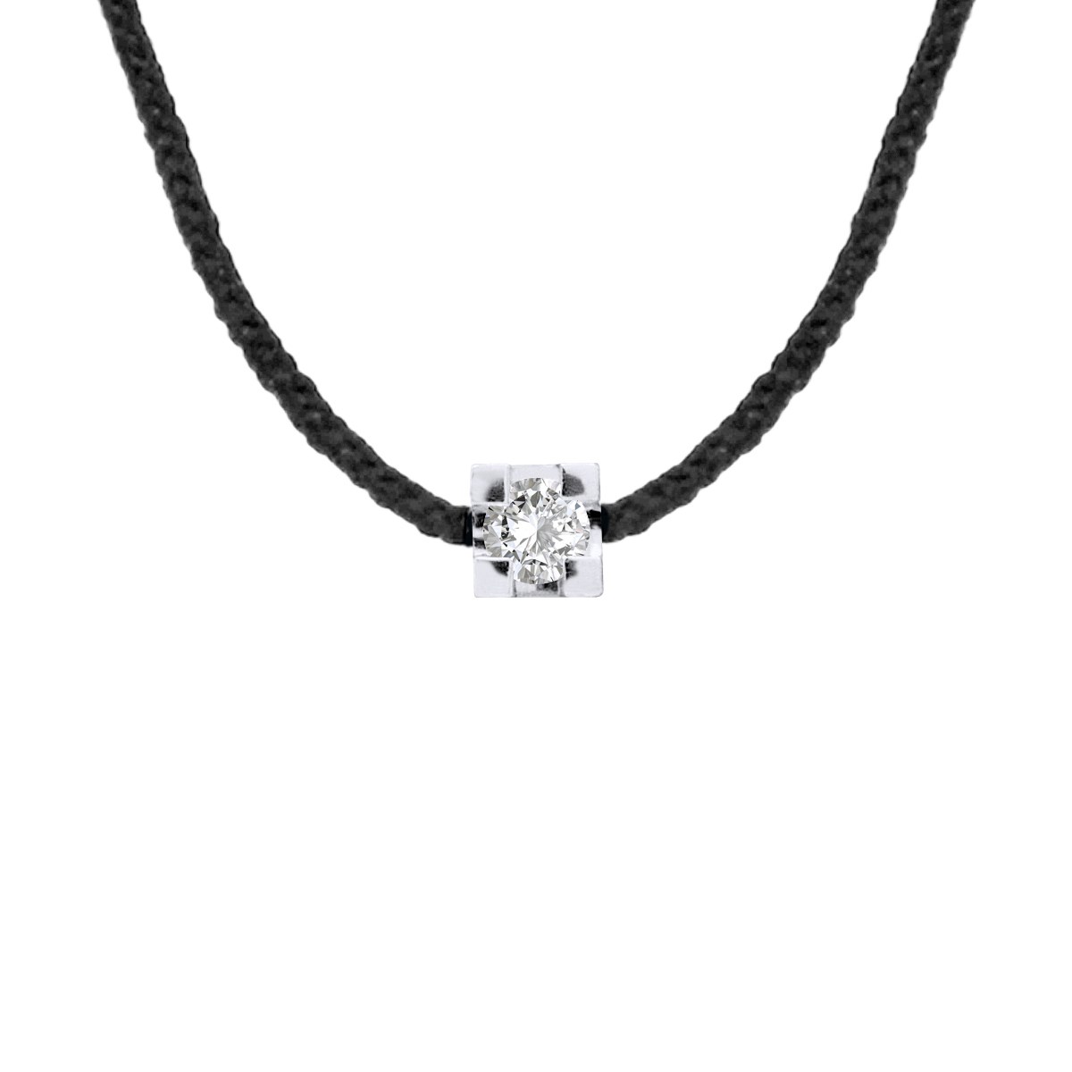 Collier Solitaire Diamant 0,030 Cts Nylon Noir Argent 925