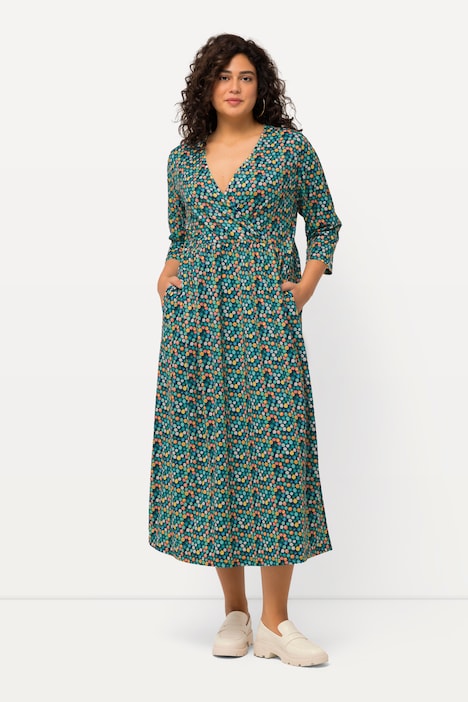 Jerseykleid, Punkte, Wickeloptik, V-Ausschnitt, 3/4-Arm