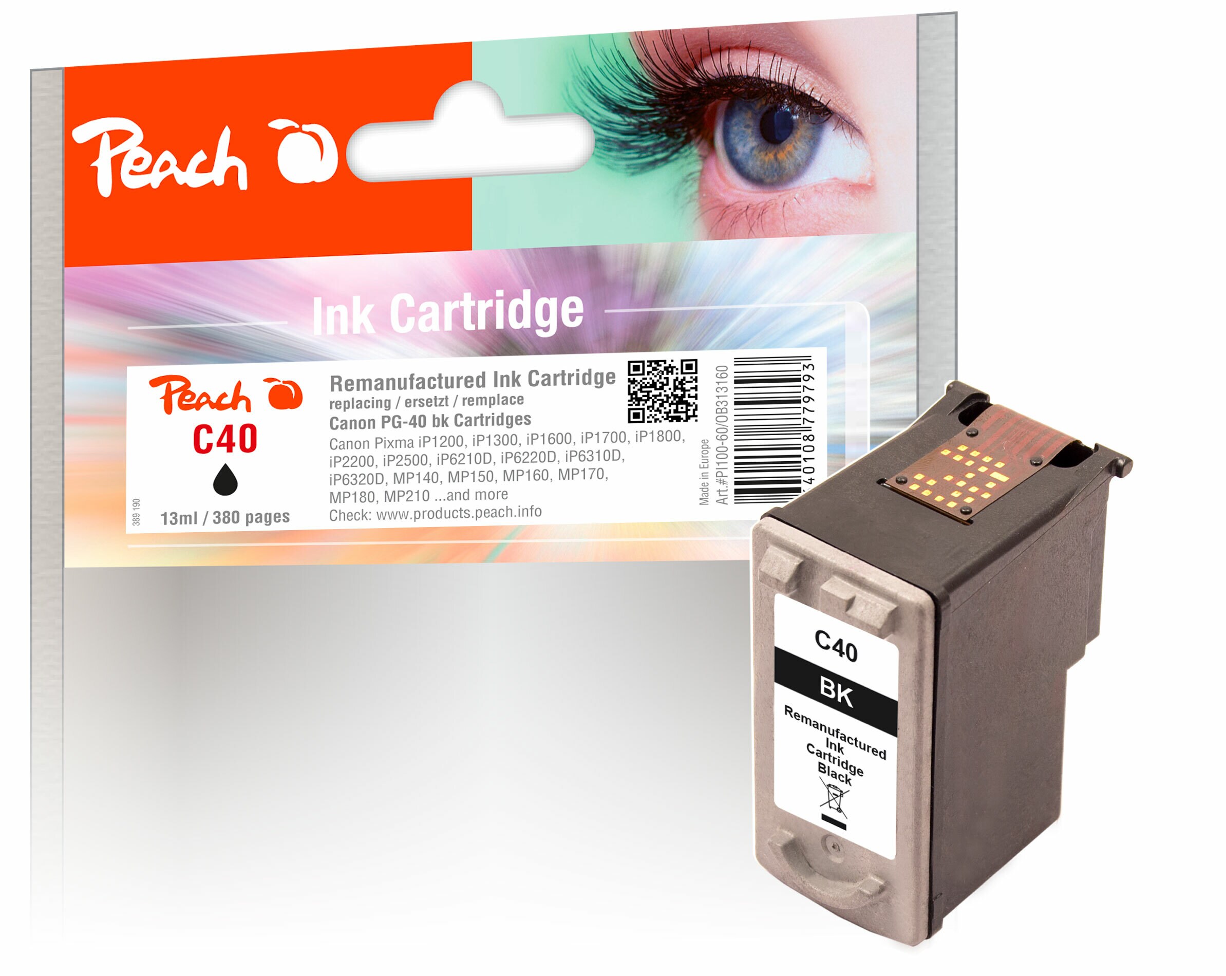 Peach C40 BK Druckkopf bk ersetzt Canon PG-40BK, 0615B001 für z.B. Canon Pixma MP 220, Canon Fax JX 200, Canon Fax JX 210 P, Canon Fax JX 500 (wiederaufbereitet)