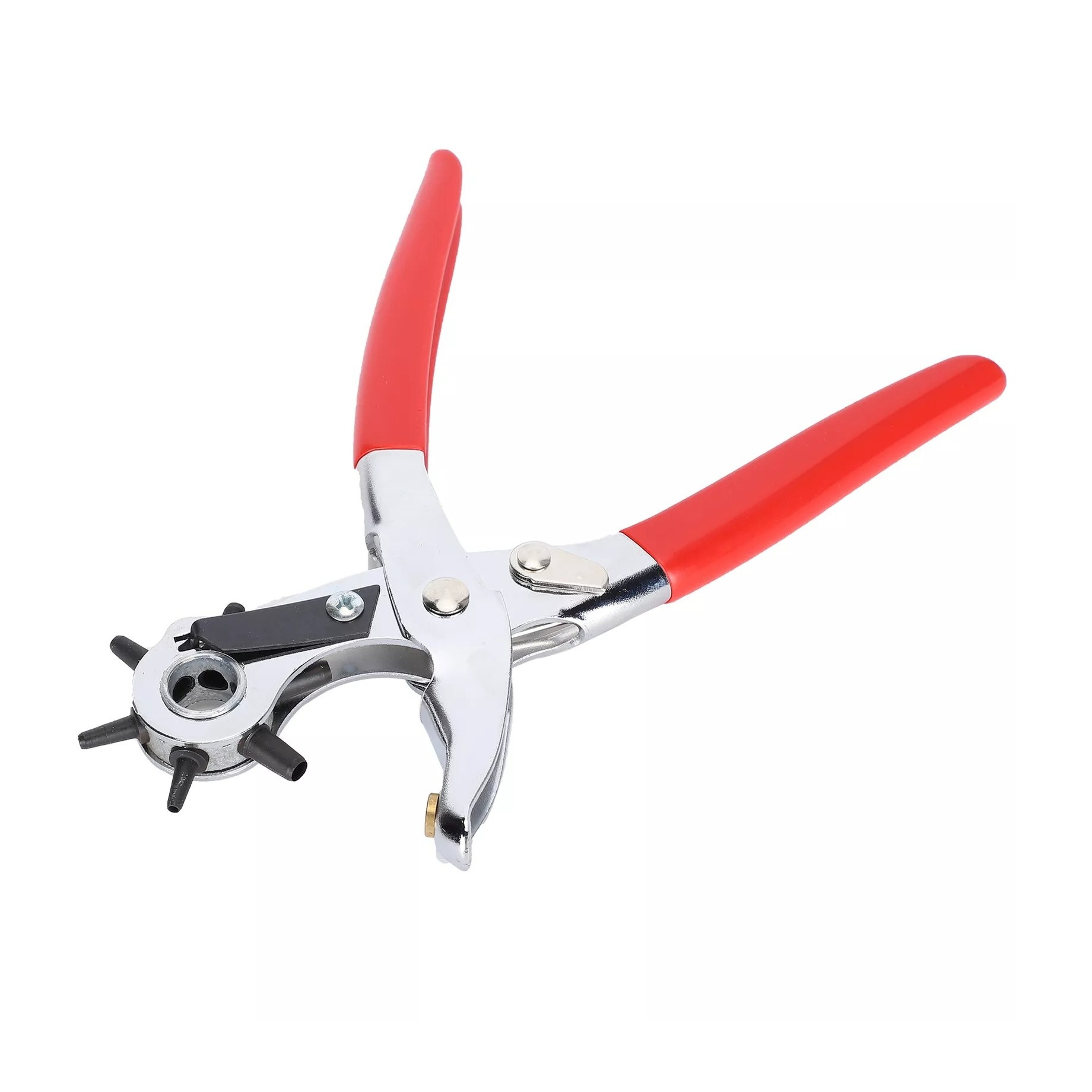 Stahl Revolver Lochzange Gürtellochzange mit Hebelübersetzung für Leder / Stoff / Pappe - Silber / Rot