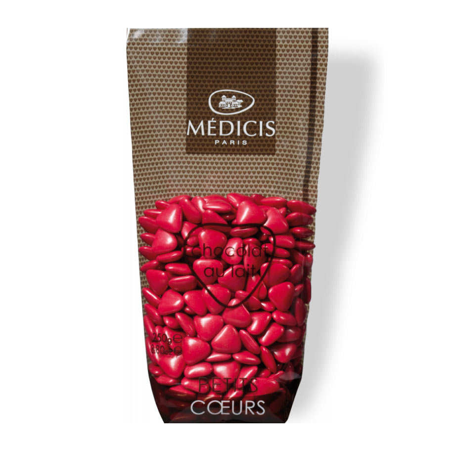 Dragées petits coeurs framboise au chocolat au lait