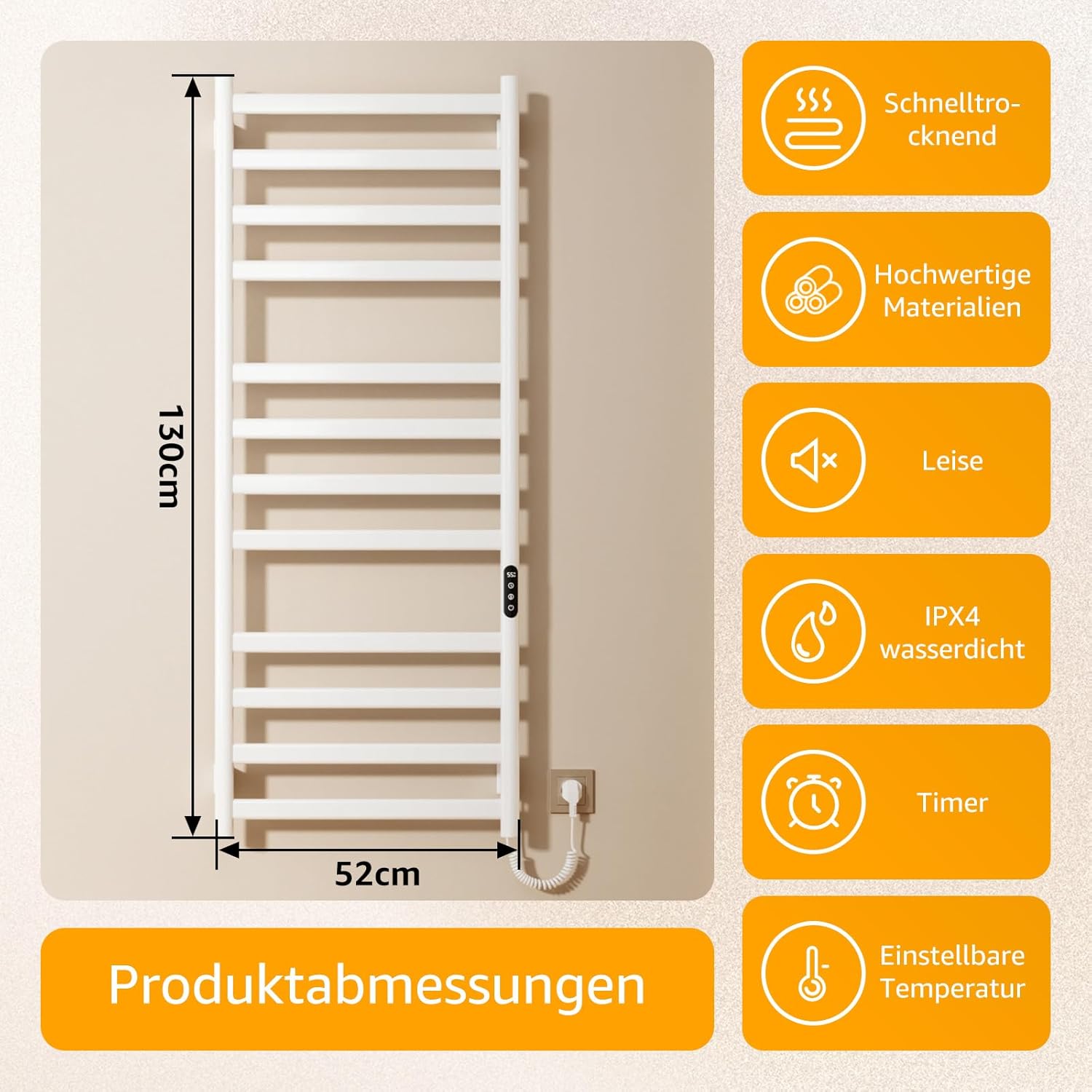 Handtuchheizkörper Elektrisch,Handtuchhalter,Handtuchwärmer,Badheizkörper Elektrisch,Touch Control LED-Bildschirm,360 W Badheizkörper Mit Timer&Einstellbarer Temperatur,Titanstahl (Weiß, 130 * 52cm)