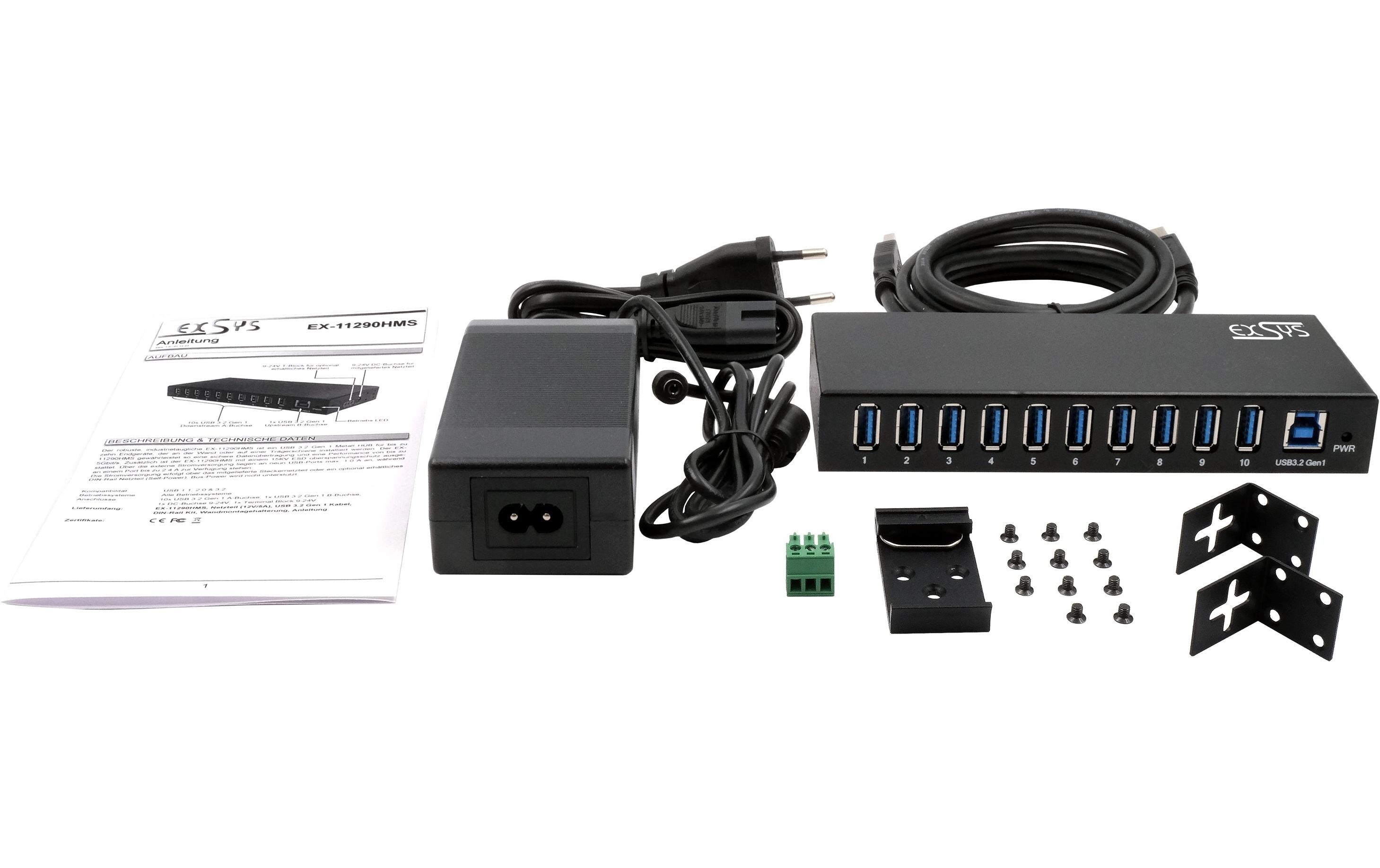 USB-Hub EX-11290HMS<br>10-Port USB 3.2 Gen 1 Metall HUB für Tisch, Wand und DIN-Rail, 15KV ESD Schutz